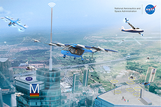 Image depicting multiple vehicles operating in an Urban Air Mobility (UAM) setting. This environment is the focus of the AOL's High Density Vertiplex (HDV) research subproject.