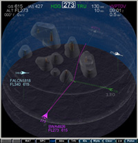 Image of a photograph of a monitor displaying the three-dimensional CDTI. The reddish blobs represents areas of convective weather.