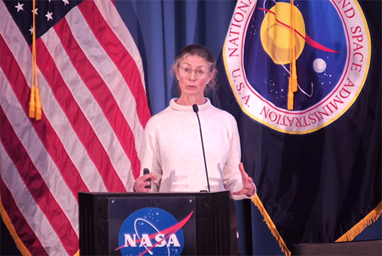NASA researcher Dr. Lynne Martin presenting her research findings at the ACERO Post-TCL1 Technology Transfer and UTM BVLOS Workshop at NASA Ames Research Center