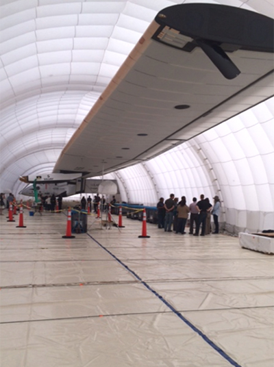 A view of the Solar Impulse wingspan following the five-day Pacific crossing during the around-the-world flight