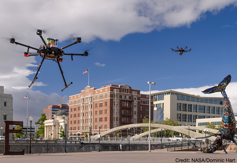 Drones are taking off during a flight test of the Unmanned Aircraft System (UAS) Traffic Management System (UTM) in Reno, Nevada