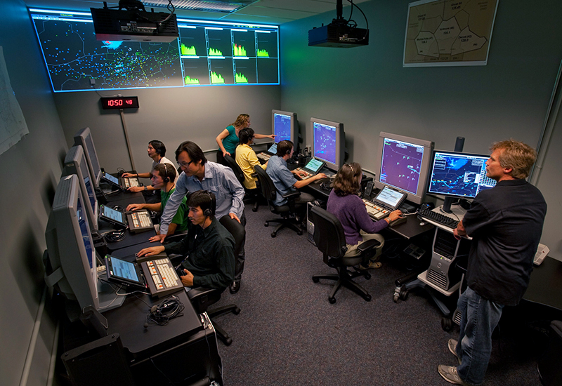 An Airspace Operations Lab (AOL) air traffic control simulation is conducted at NASA Ames Research Center